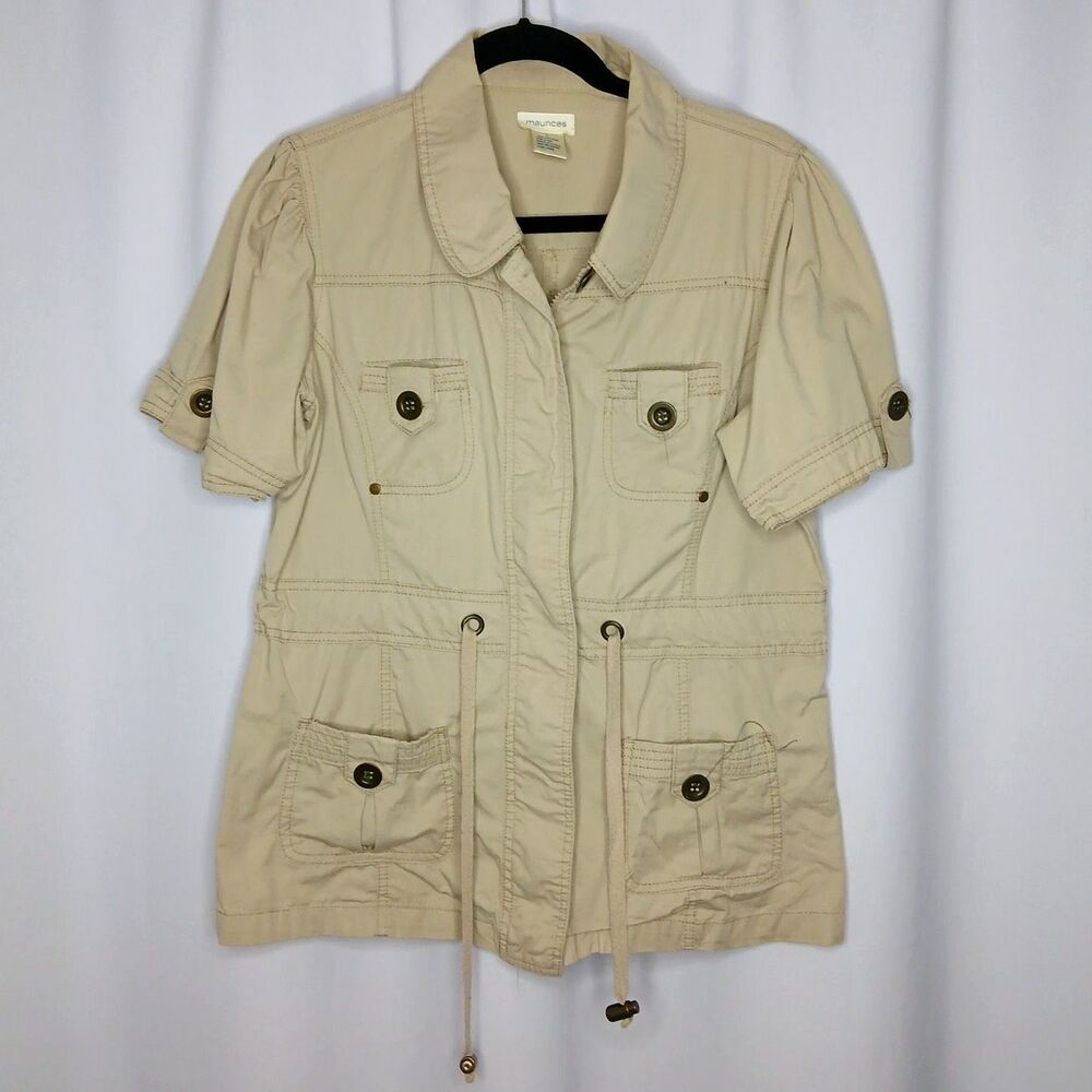 Maurices Utility Safari Jacket Short Slve Pockets Drawstring Khaki Womens Large